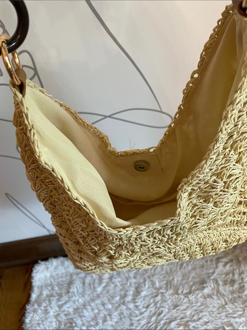 Crochet Hobo Bag with Wooden Bead Handle and Magnetic Closure